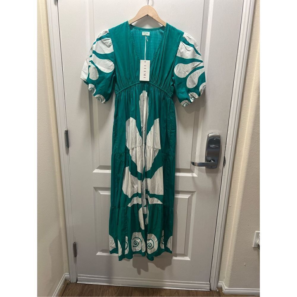 Itami Elda Dress Mayan Green V-Neck midi cotton poplin vacation size 0 NWT $200 - Picture 6 of 8